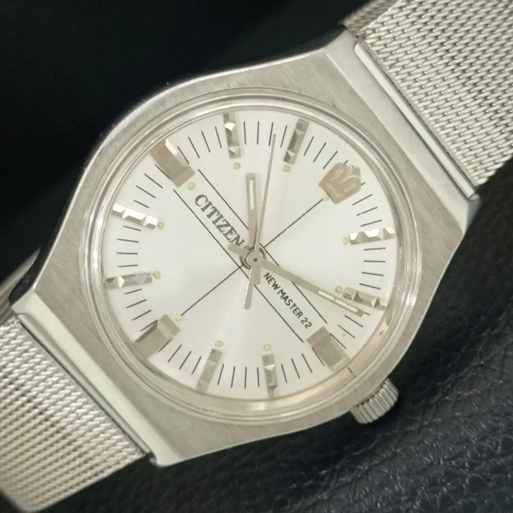 Vintage 1983 Citizen Manual Wound Mens Silver Watch & White accents
